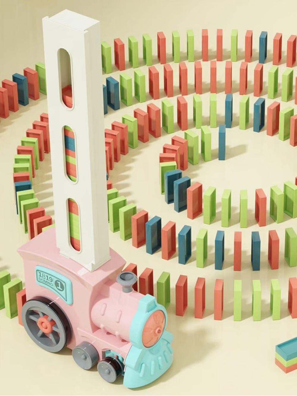 Sakura Pink Motorized Domino Train Set - Colorful Wooden Stacking Dominoes